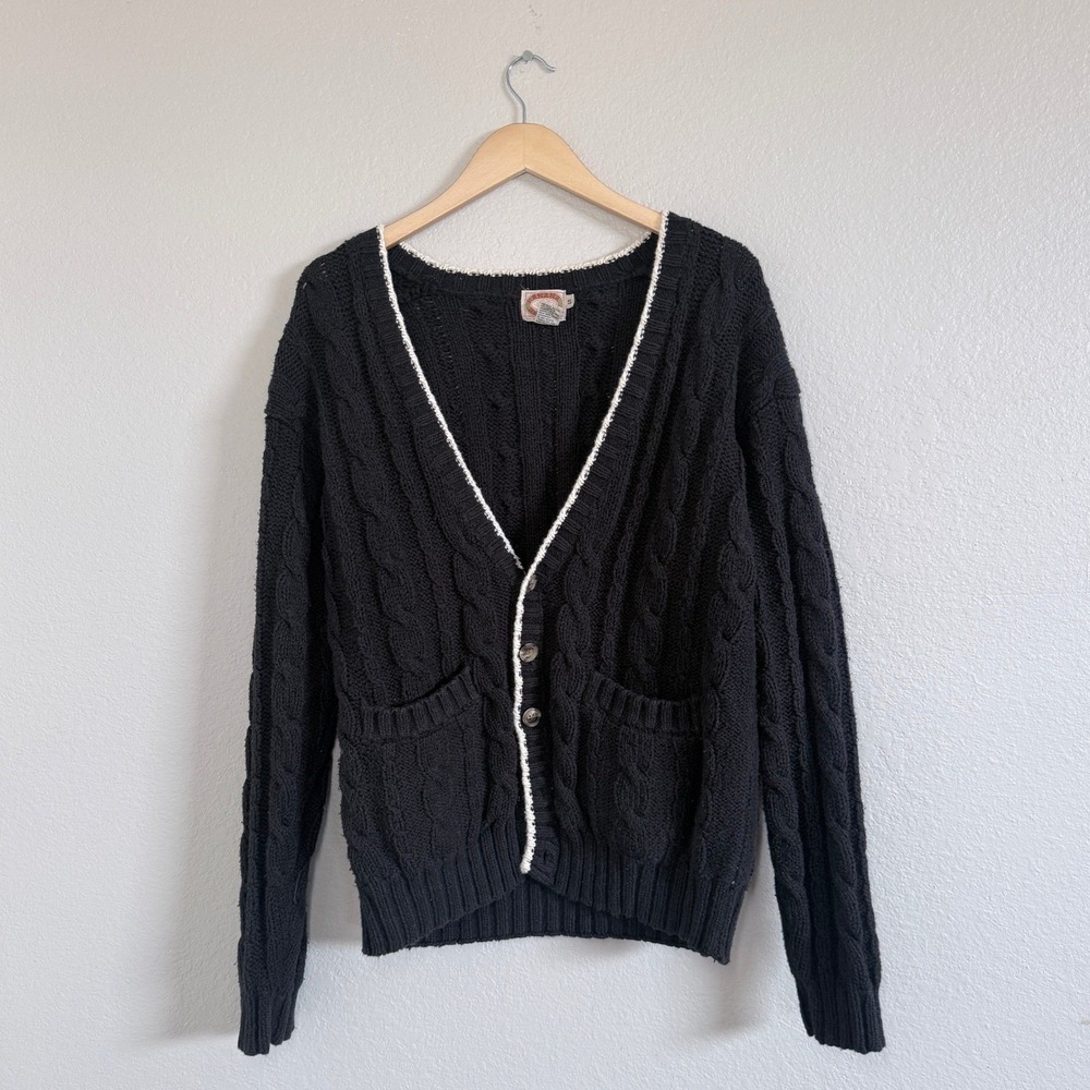 Vintage 80s Banana Republic Chunky Cable Knit‎ Cardigan Black Pockets Size S